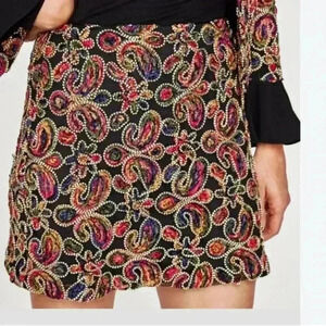 Zara Basic Skirt Womens Extra Small Black 3D Embroidered Mini Lined Festival Mod
